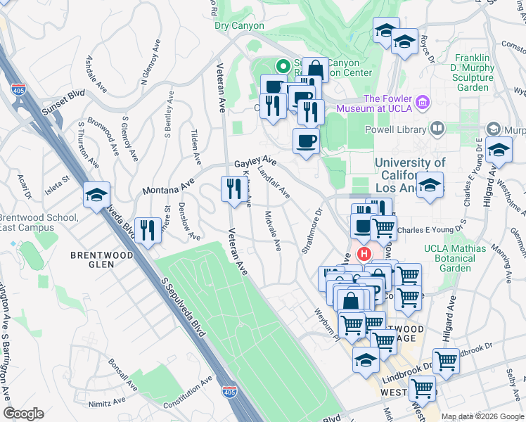 map of restaurants, bars, coffee shops, grocery stores, and more near 11044 Ophir Drive in Los Angeles