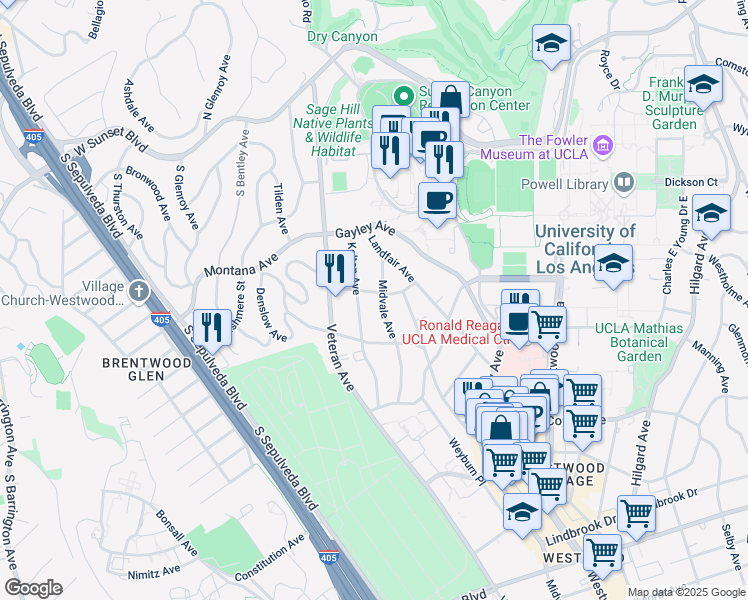 map of restaurants, bars, coffee shops, grocery stores, and more near 512 Kelton Avenue in Los Angeles