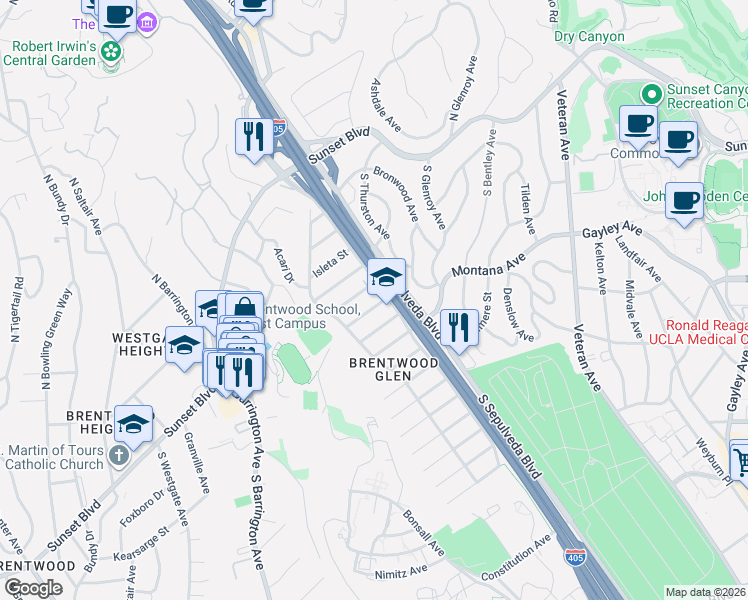 map of restaurants, bars, coffee shops, grocery stores, and more near 11332 Gladwin Street in Los Angeles
