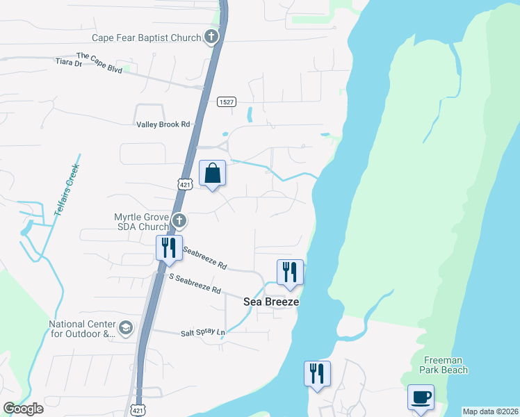map of restaurants, bars, coffee shops, grocery stores, and more near 7103 Sea Bass Drive in Wilmington