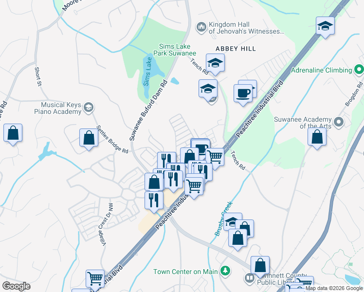 map of restaurants, bars, coffee shops, grocery stores, and more near 328 Barbados Lane in Suwanee