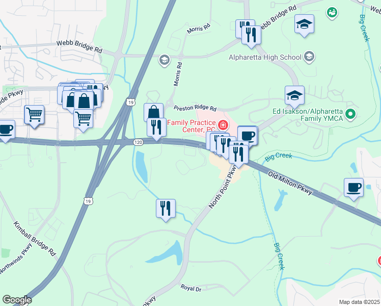 map of restaurants, bars, coffee shops, grocery stores, and more near 3331 Old Milton Parkway in Alpharetta
