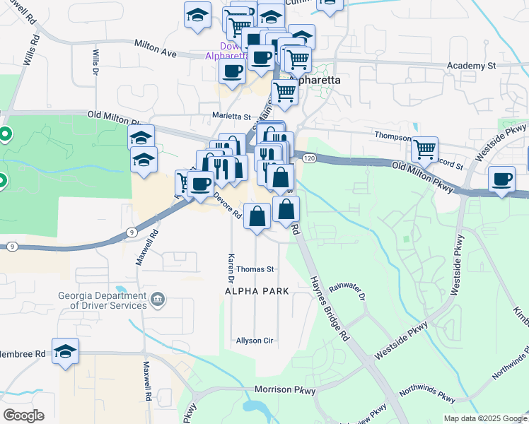 map of restaurants, bars, coffee shops, grocery stores, and more near 11770 Haynes Bridge Road in Alpharetta