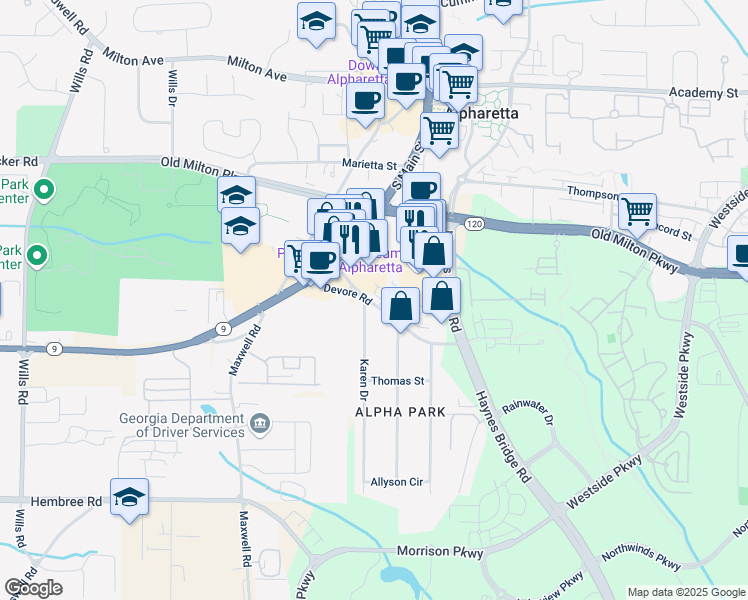 map of restaurants, bars, coffee shops, grocery stores, and more near 285 Karen Drive in Alpharetta