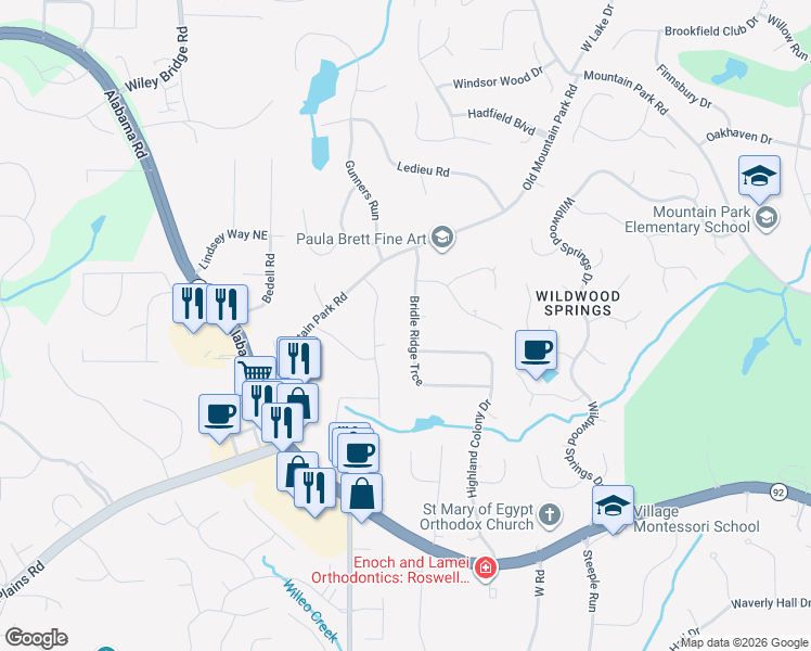 map of restaurants, bars, coffee shops, grocery stores, and more near 1980 Bridle Ridge Trce in Roswell