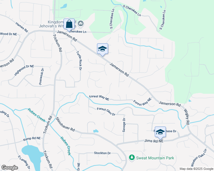 map of restaurants, bars, coffee shops, grocery stores, and more near 4805 Forest Way Court Northeast in Marietta