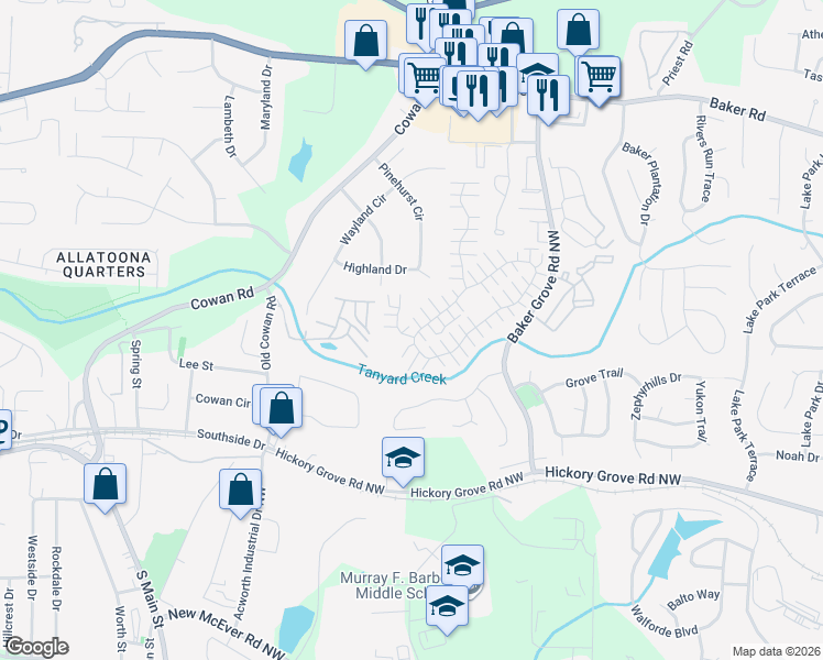 map of restaurants, bars, coffee shops, grocery stores, and more near 591 Windcroft Circle Northwest in Acworth