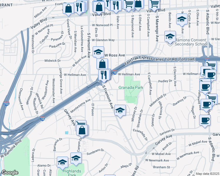 map of restaurants, bars, coffee shops, grocery stores, and more near 2135 South Primrose Avenue in Alhambra