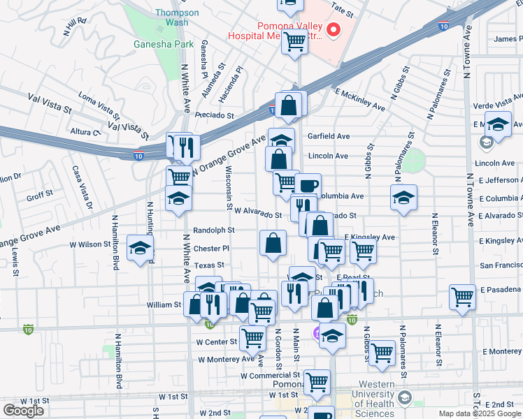 map of restaurants, bars, coffee shops, grocery stores, and more near 1020 North Park Avenue in Pomona