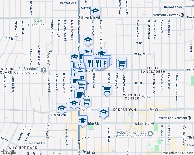 map of restaurants, bars, coffee shops, grocery stores, and more near 332 South Serrano Avenue in Los Angeles