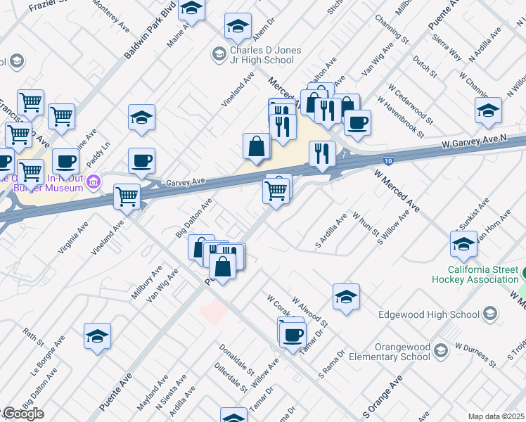 map of restaurants, bars, coffee shops, grocery stores, and more near 1837 Puente Avenue in Baldwin Park