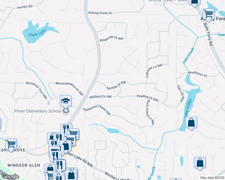 map of restaurants, bars, coffee shops, grocery stores, and more near 1183 Norfolk Drive Northwest in Acworth