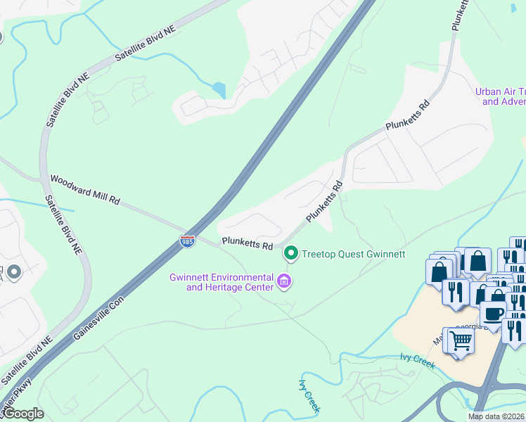 map of restaurants, bars, coffee shops, grocery stores, and more near 1350 Newbridge Circle in Buford