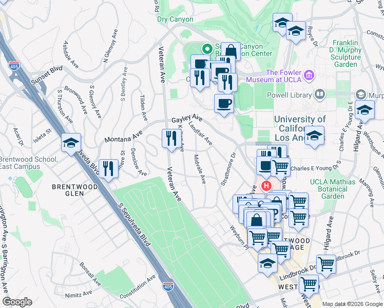 map of restaurants, bars, coffee shops, grocery stores, and more near 11044 Ophir Drive in Los Angeles