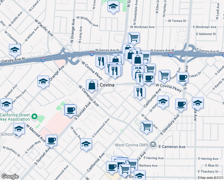 map of restaurants, bars, coffee shops, grocery stores, and more near 705 South Carmencita Drive in West Covina