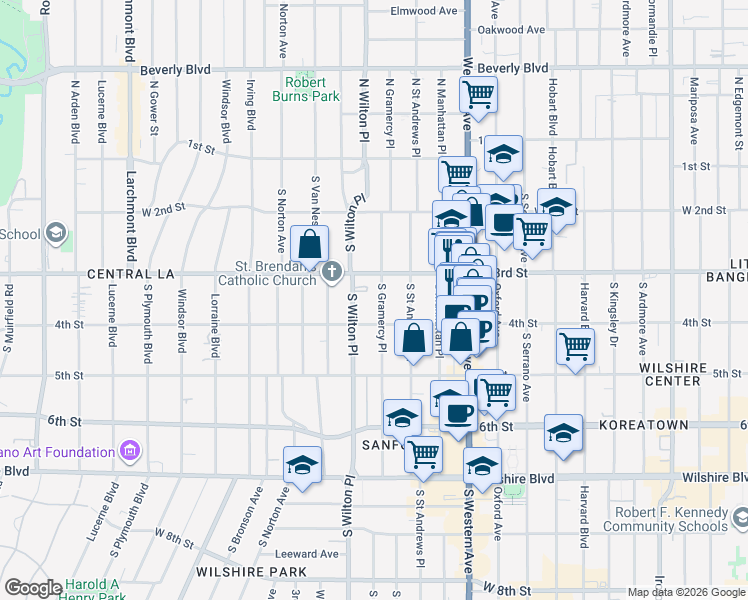 map of restaurants, bars, coffee shops, grocery stores, and more near 331 South Gramercy Place in Los Angeles