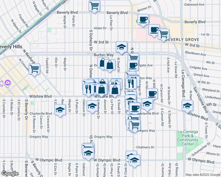map of restaurants, bars, coffee shops, grocery stores, and more near 127 North La Peer Drive in Beverly Hills