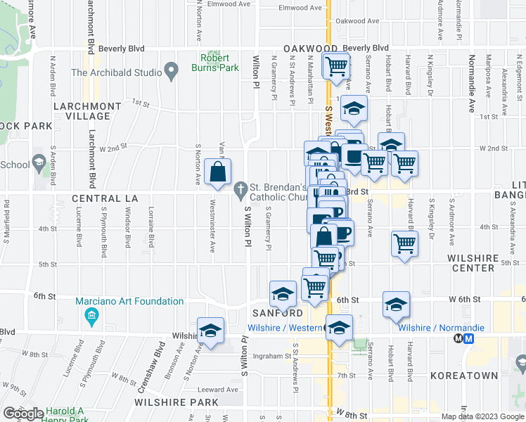 map of restaurants, bars, coffee shops, grocery stores, and more near 331 South Gramercy Place in Los Angeles