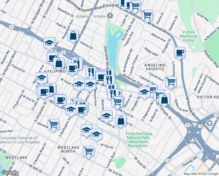 map of restaurants, bars, coffee shops, grocery stores, and more near 1608 West Temple Street in Los Angeles