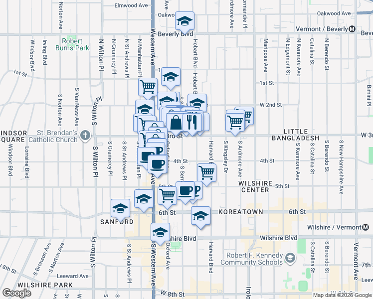 map of restaurants, bars, coffee shops, grocery stores, and more near 332 South Serrano Avenue in Los Angeles