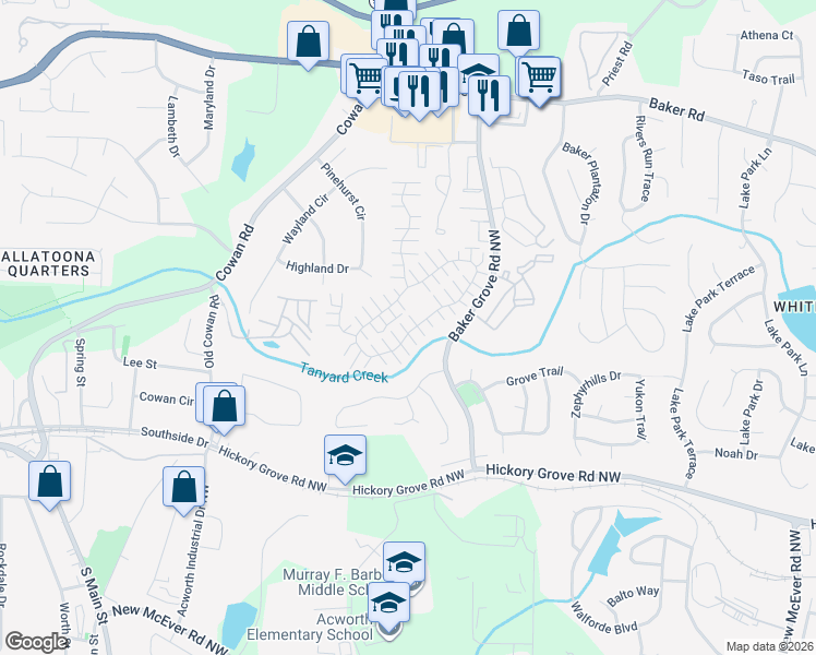 map of restaurants, bars, coffee shops, grocery stores, and more near 351 Windcroft Circle Northwest in Acworth