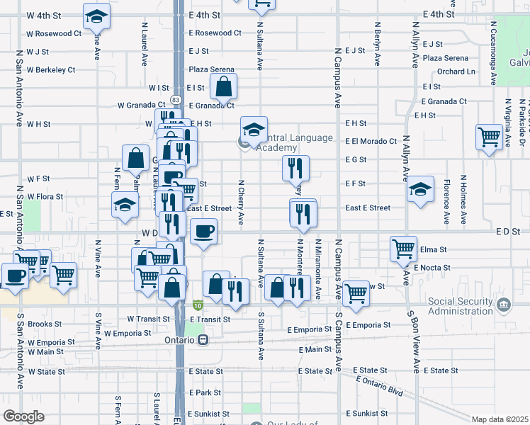 map of restaurants, bars, coffee shops, grocery stores, and more near 420 East E Street in Ontario