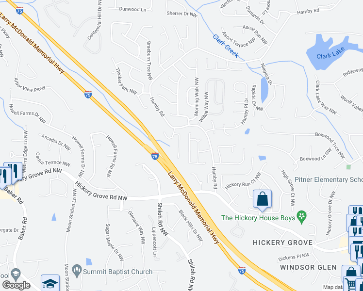 map of restaurants, bars, coffee shops, grocery stores, and more near 4478 Hamby Pond Place in Acworth