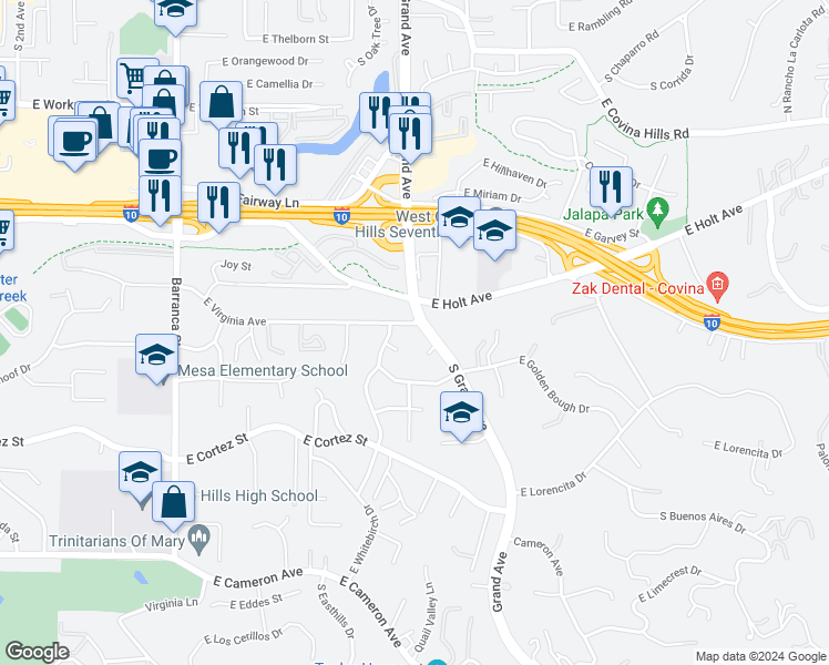 map of restaurants, bars, coffee shops, grocery stores, and more near 211 South Grand Avenue in West Covina
