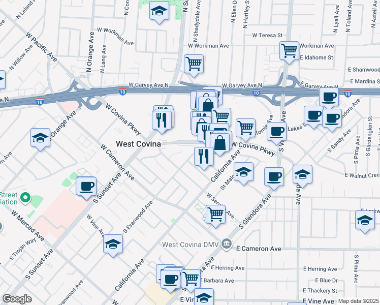 map of restaurants, bars, coffee shops, grocery stores, and more near 639 South Evanwood Avenue in West Covina