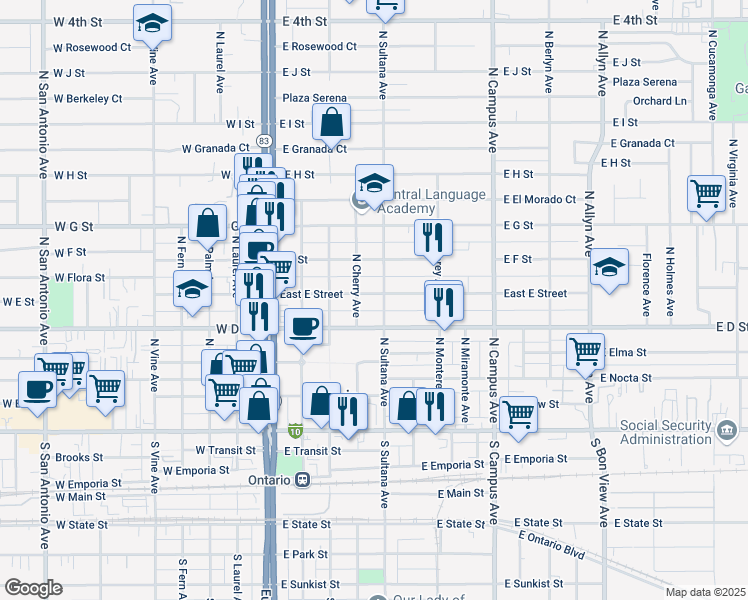 map of restaurants, bars, coffee shops, grocery stores, and more near 420 East E Street in Ontario