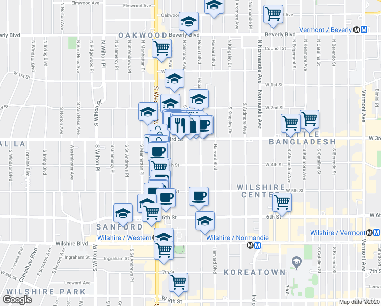 map of restaurants, bars, coffee shops, grocery stores, and more near 332 South Serrano Avenue in Los Angeles