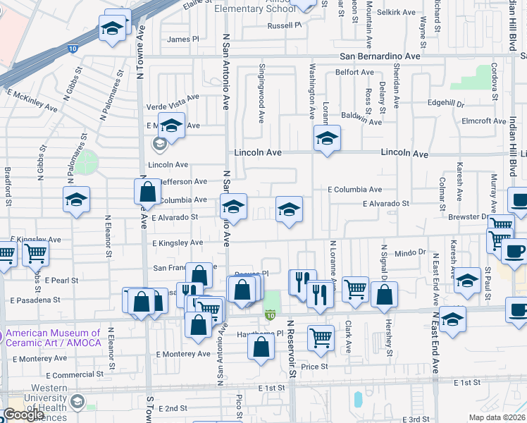 map of restaurants, bars, coffee shops, grocery stores, and more near 867 East Alvarado Street in Pomona