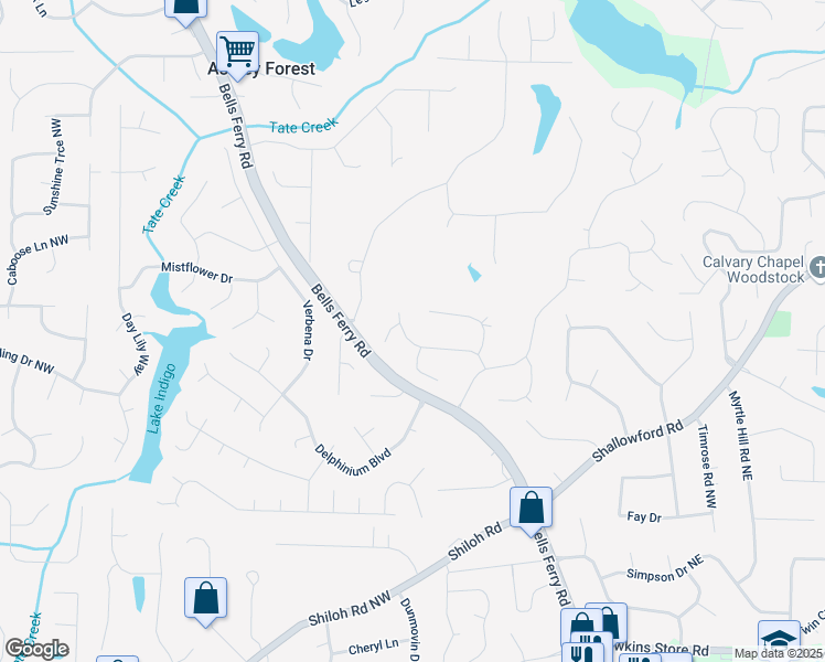map of restaurants, bars, coffee shops, grocery stores, and more near 446 Ridgetop Drive Northwest in Acworth