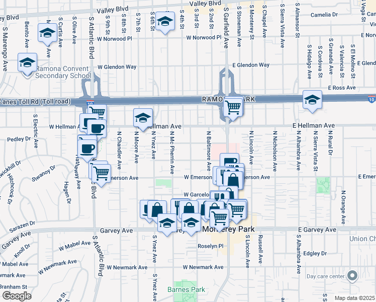 map of restaurants, bars, coffee shops, grocery stores, and more near 517 North Huntington Avenue in Monterey Park