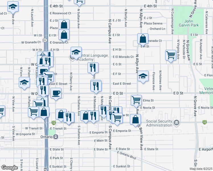 map of restaurants, bars, coffee shops, grocery stores, and more near 654 East E Street in Ontario