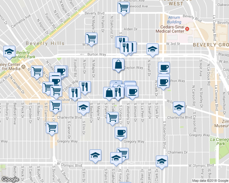 map of restaurants, bars, coffee shops, grocery stores, and more near 110 North Oakhurst Drive in Beverly Hills