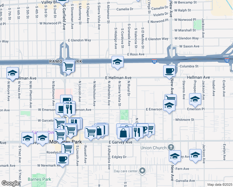 map of restaurants, bars, coffee shops, grocery stores, and more near 509 North Sierra Vista Street in Monterey Park
