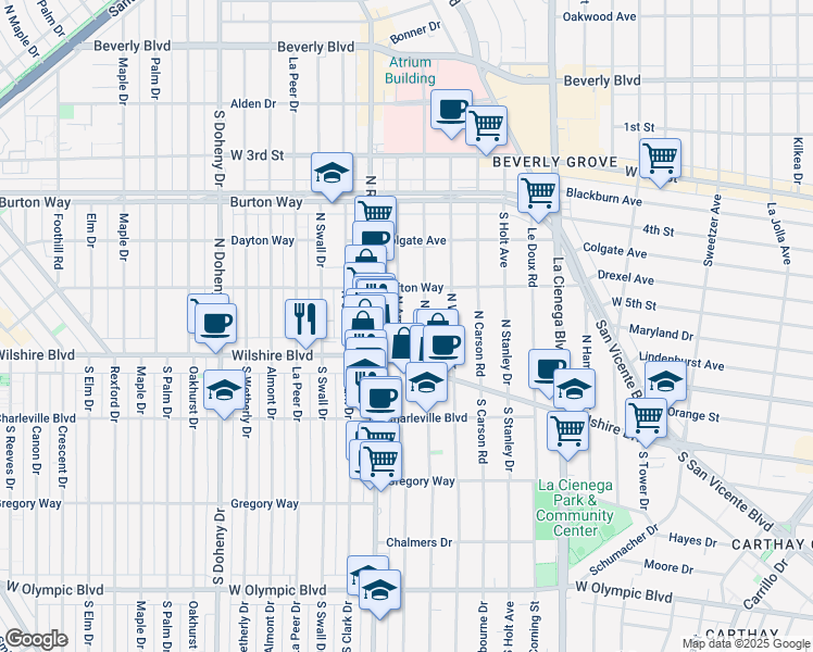 map of restaurants, bars, coffee shops, grocery stores, and more near 150 North Arnaz Drive in Beverly Hills