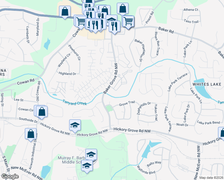 map of restaurants, bars, coffee shops, grocery stores, and more near 4710 Baker Grove Road in Acworth