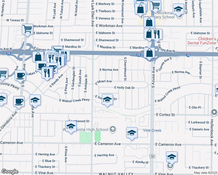 map of restaurants, bars, coffee shops, grocery stores, and more near 1804 East Holly Oak Drive in West Covina