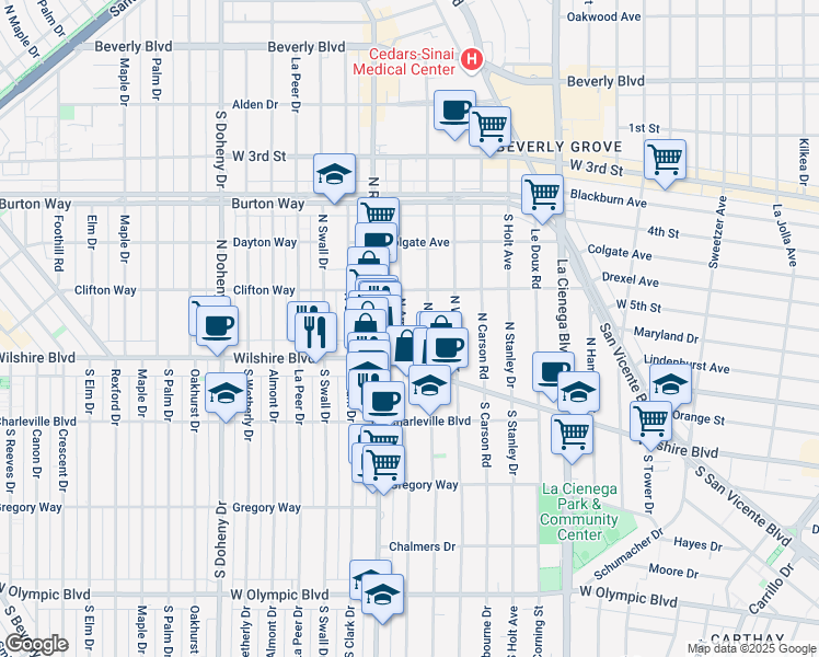 map of restaurants, bars, coffee shops, grocery stores, and more near 150 North Arnaz Drive in Beverly Hills