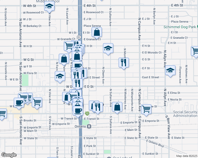 map of restaurants, bars, coffee shops, grocery stores, and more near 312 East E Street in Ontario