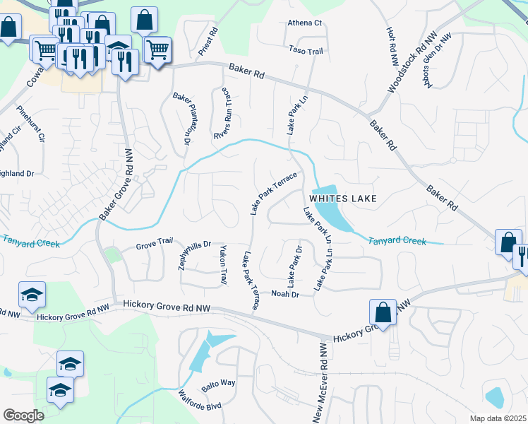 map of restaurants, bars, coffee shops, grocery stores, and more near 3022 Lake Park Trail in Acworth