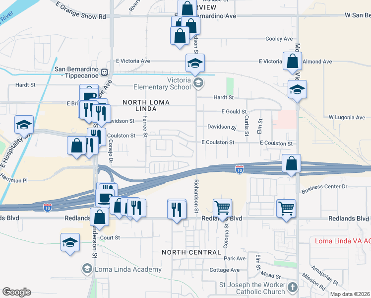 map of restaurants, bars, coffee shops, grocery stores, and more near 1565 East Coulston Street in San Bernardino