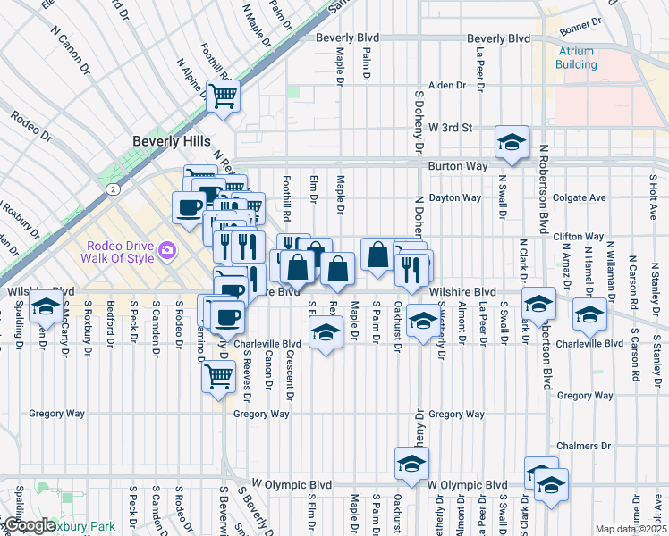 map of restaurants, bars, coffee shops, grocery stores, and more near 111 North Maple Drive in Beverly Hills