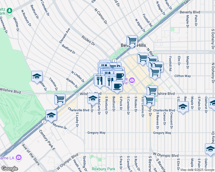 map of restaurants, bars, coffee shops, grocery stores, and more near 415 Bedford Drive in Beverly Hills