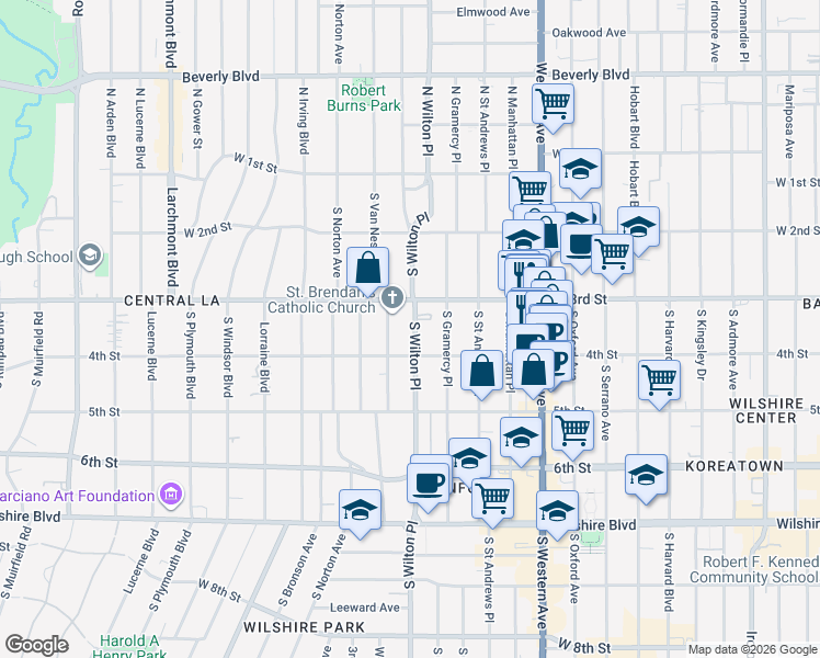map of restaurants, bars, coffee shops, grocery stores, and more near 333 South Wilton Place in Los Angeles