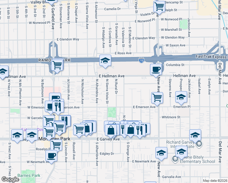map of restaurants, bars, coffee shops, grocery stores, and more near 517 North Rural Drive in Monterey Park