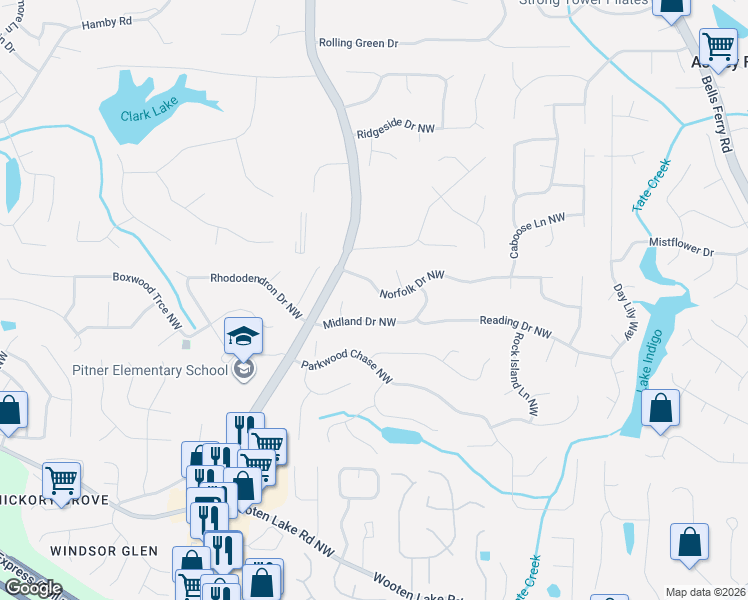 map of restaurants, bars, coffee shops, grocery stores, and more near 4754 Seaboard Court Northwest in Acworth
