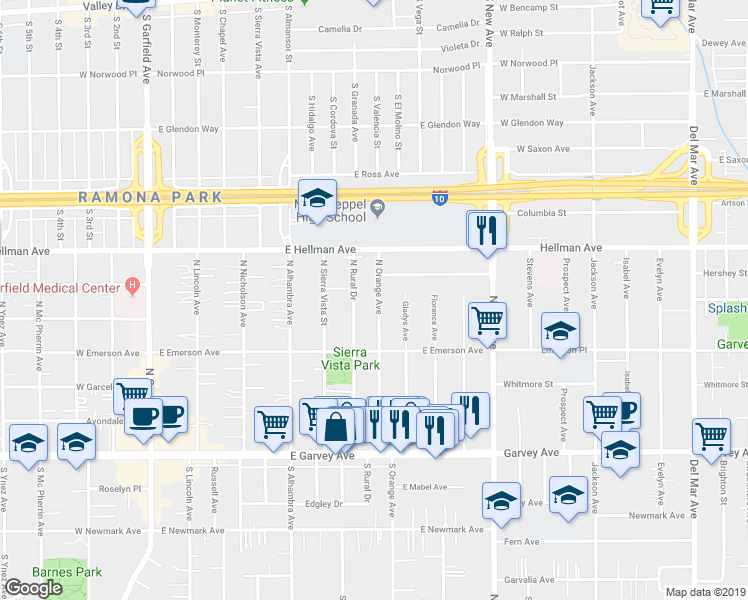 map of restaurants, bars, coffee shops, grocery stores, and more near 517 North Orange Avenue in Monterey Park